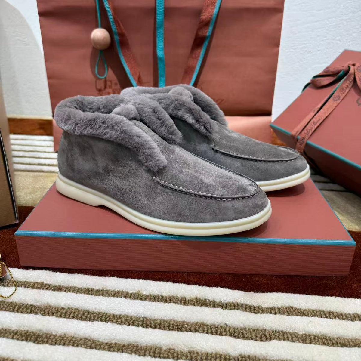 Loro Piana 2026 Gray Suede Fur-Lined Low Boot Walk Shoes
