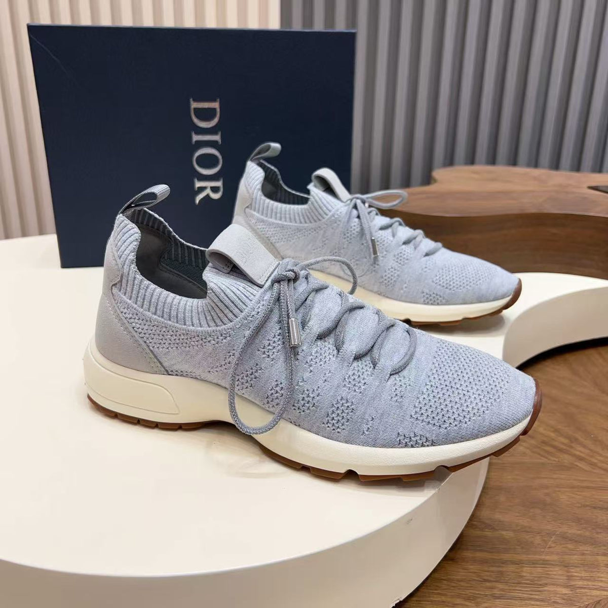 Dior 26s Knit Sneakers Sock Runner Light Gray Cream