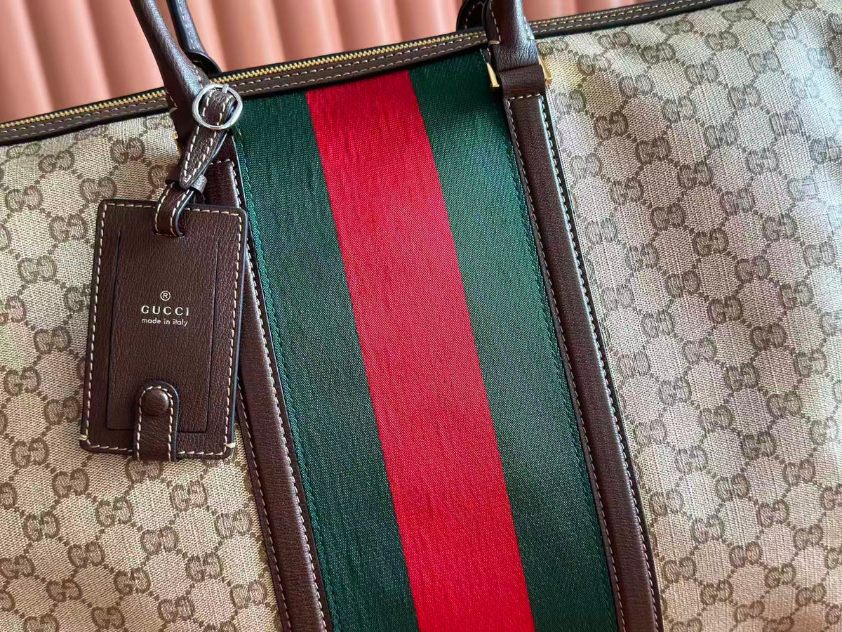 Gucci Bags Medium Duffle Bag Sand Brown GG Canvas Web Stripe 875059