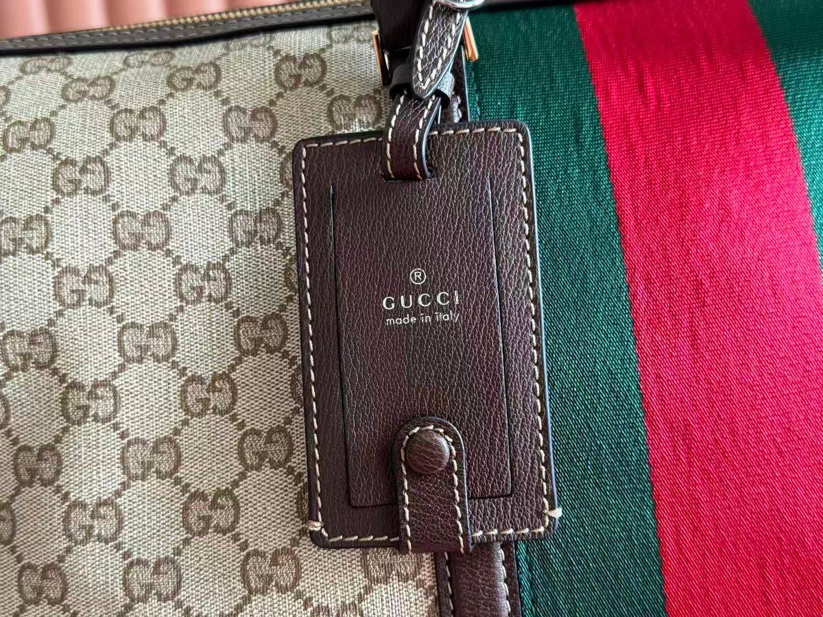 Gucci Bags Medium Duffle Bag Sand Brown GG Canvas Web Stripe 875059