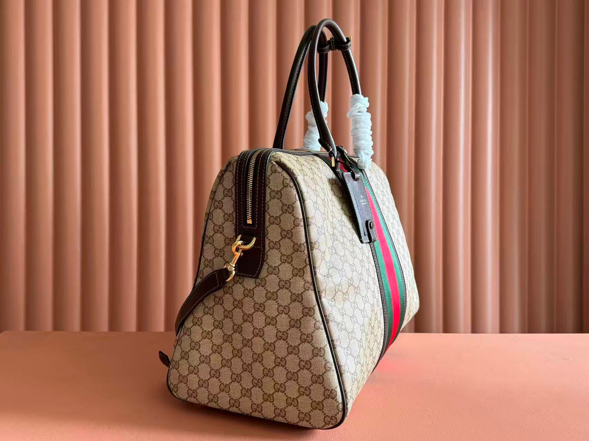 Gucci Bags Medium Duffle Bag Sand Brown GG Canvas Web Stripe 875059
