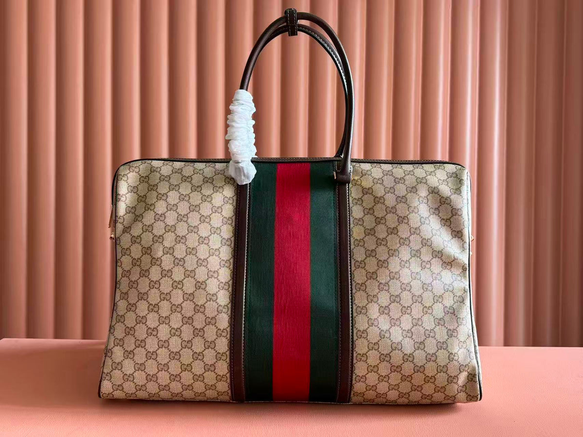 Gucci Bags Medium Duffle Bag Sand Brown GG Canvas Web Stripe 875059