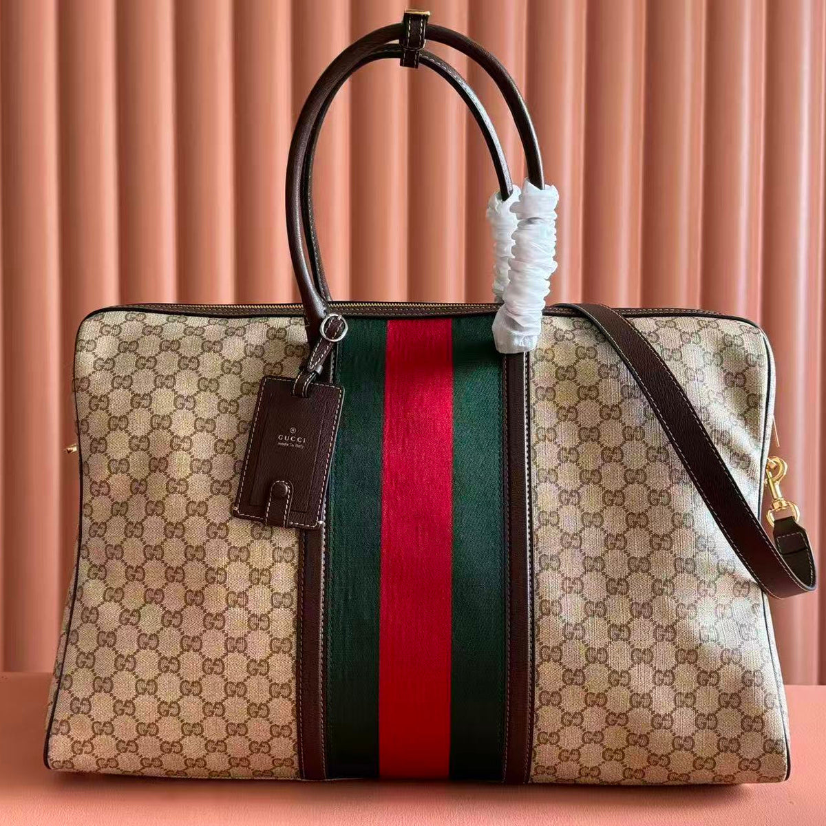 Gucci Bags Medium Duffle Bag Sand Brown GG Canvas Web Stripe 875059