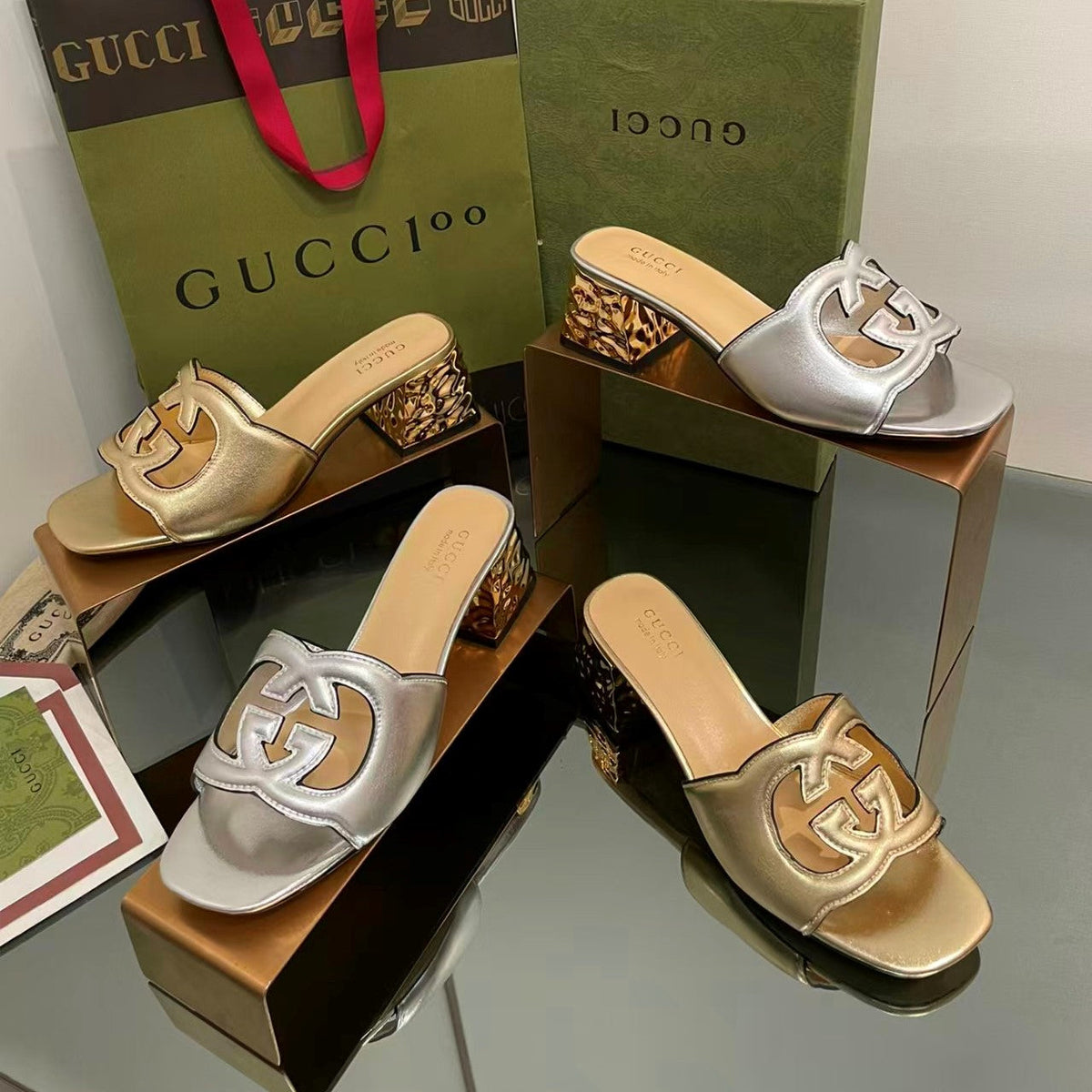 Gucci FW26 Blondie Interlocking G Heeled Mules Silver Metallic