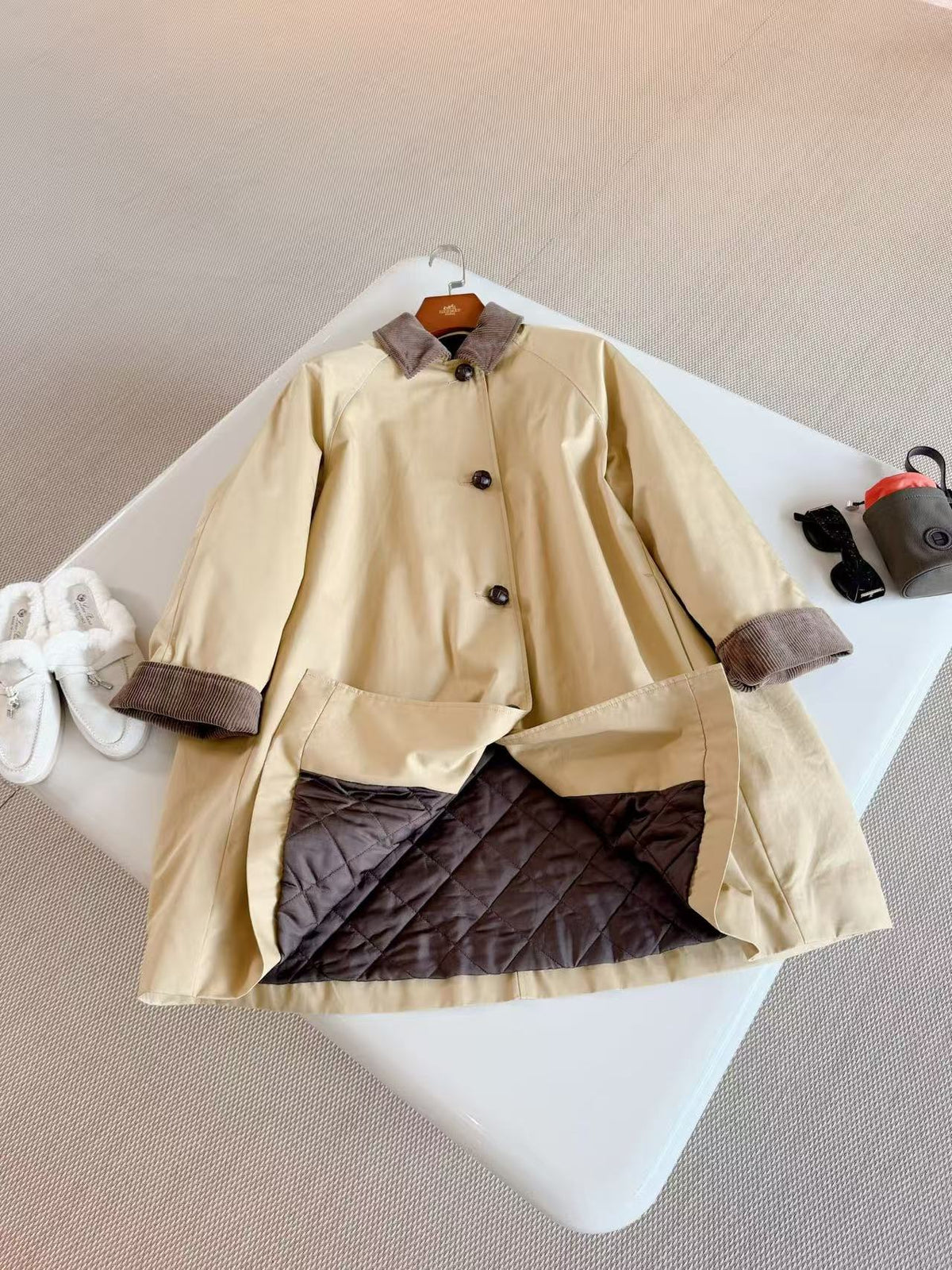 The Row 26s Corduroy Collar Single Breasted Car Coat Beige Brown Cotton 219517