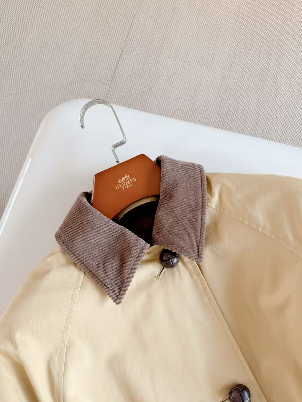 The Row 26s Corduroy Collar Single Breasted Car Coat Beige Brown Cotton 219517