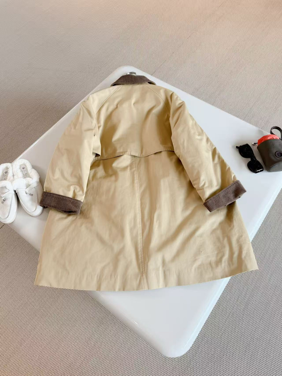 The Row 26s Corduroy Collar Single Breasted Car Coat Beige Brown Cotton 219517