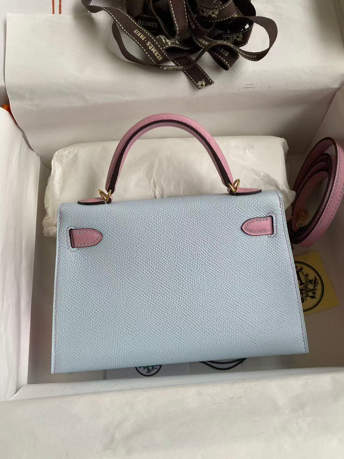High-end Hermes 2026 Mini Kelly II 19cm Bag Blue Brume Mauve Sylvester Epsom Leather