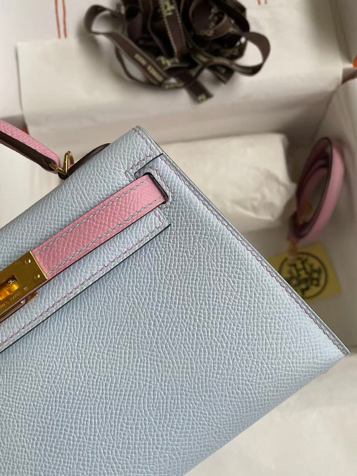 High-end Hermes 2026 Mini Kelly II 19cm Bag Blue Brume Mauve Sylvester Epsom Leather