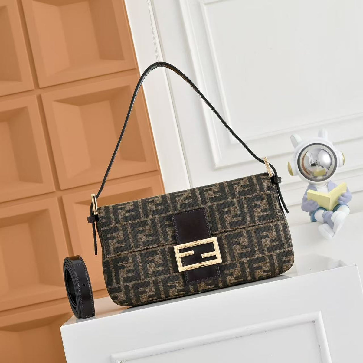 Fend Baguette 27 Shoulder Bag Brown FF Jacquard Fabric Bag GHW