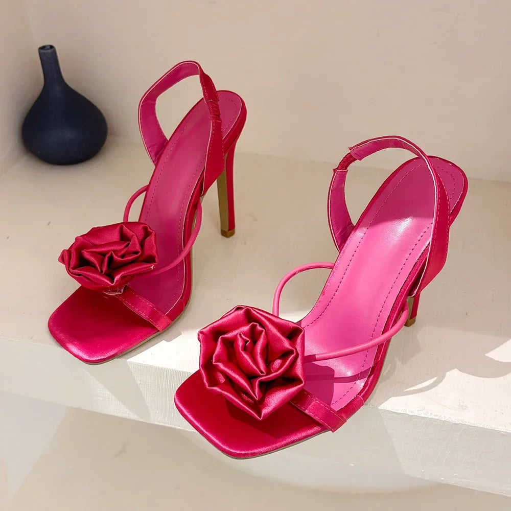 Aneikeh Rose Silk Flower Heels - Open Toe Wedding Sandals