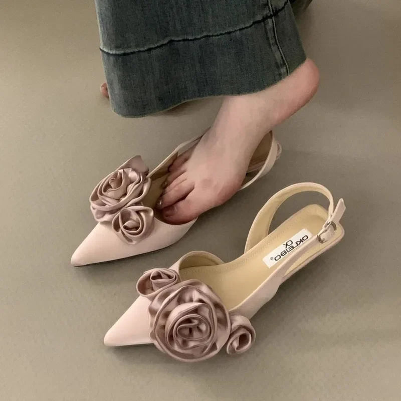 Satin Floral Slingback Stilettos - Pointed Toe Party Heels