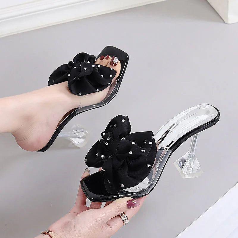 Rhinestone Peep Toe Stiletto Heels - Bow Sandals