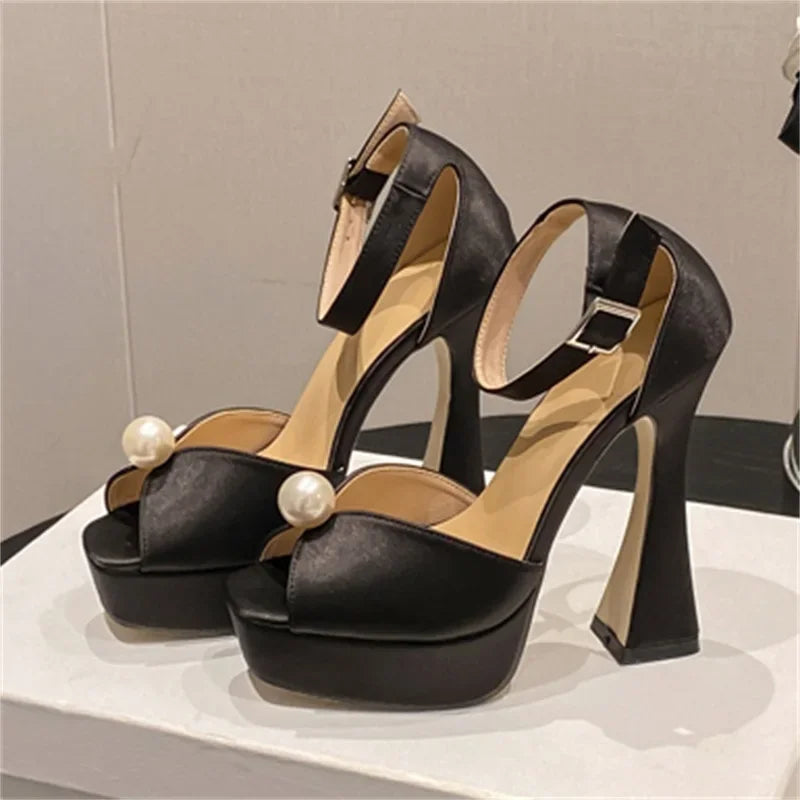 Eilyken Satin Bead Peep Toe Platform Heels - Ankle Strap Party Sandals