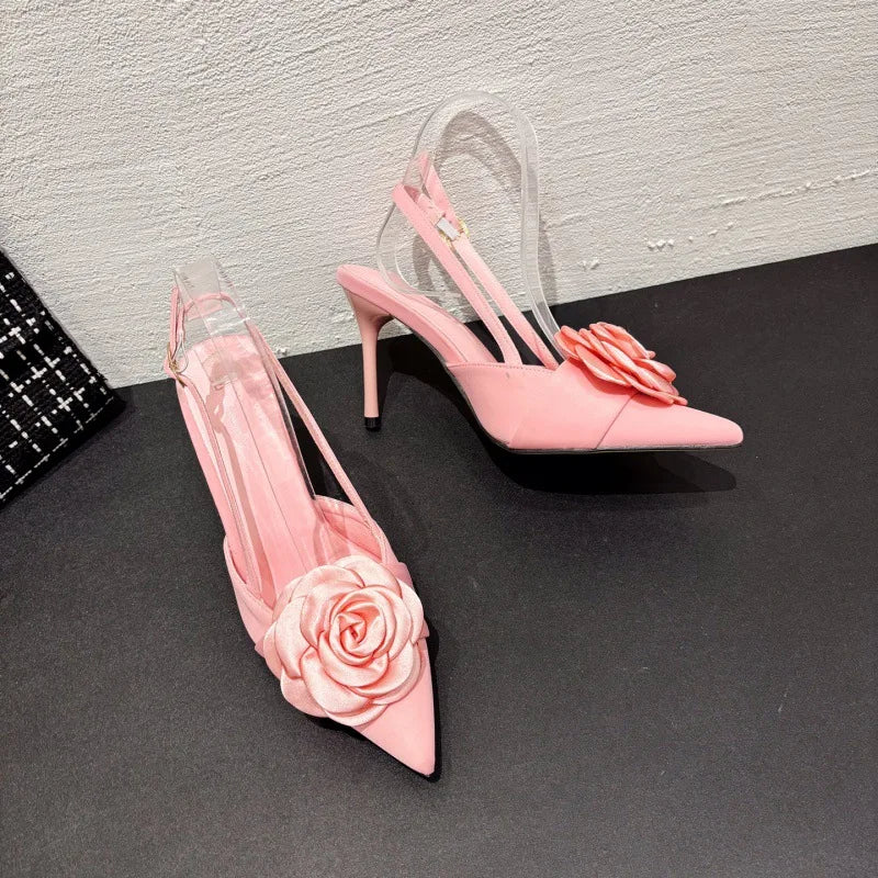 Silk Floral Slingback Pumps - Pointed Toe High Heels