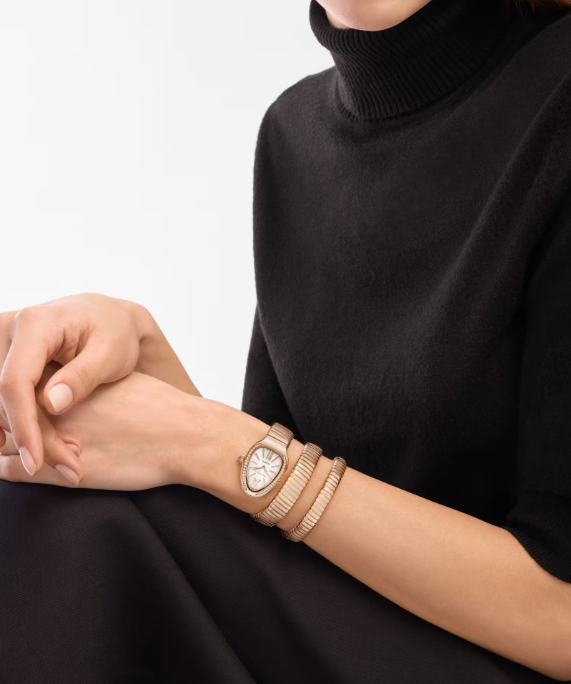 Bulgari Serpenti 35mm Tubogas 18k Rose Gold Diamonds Silver Dial