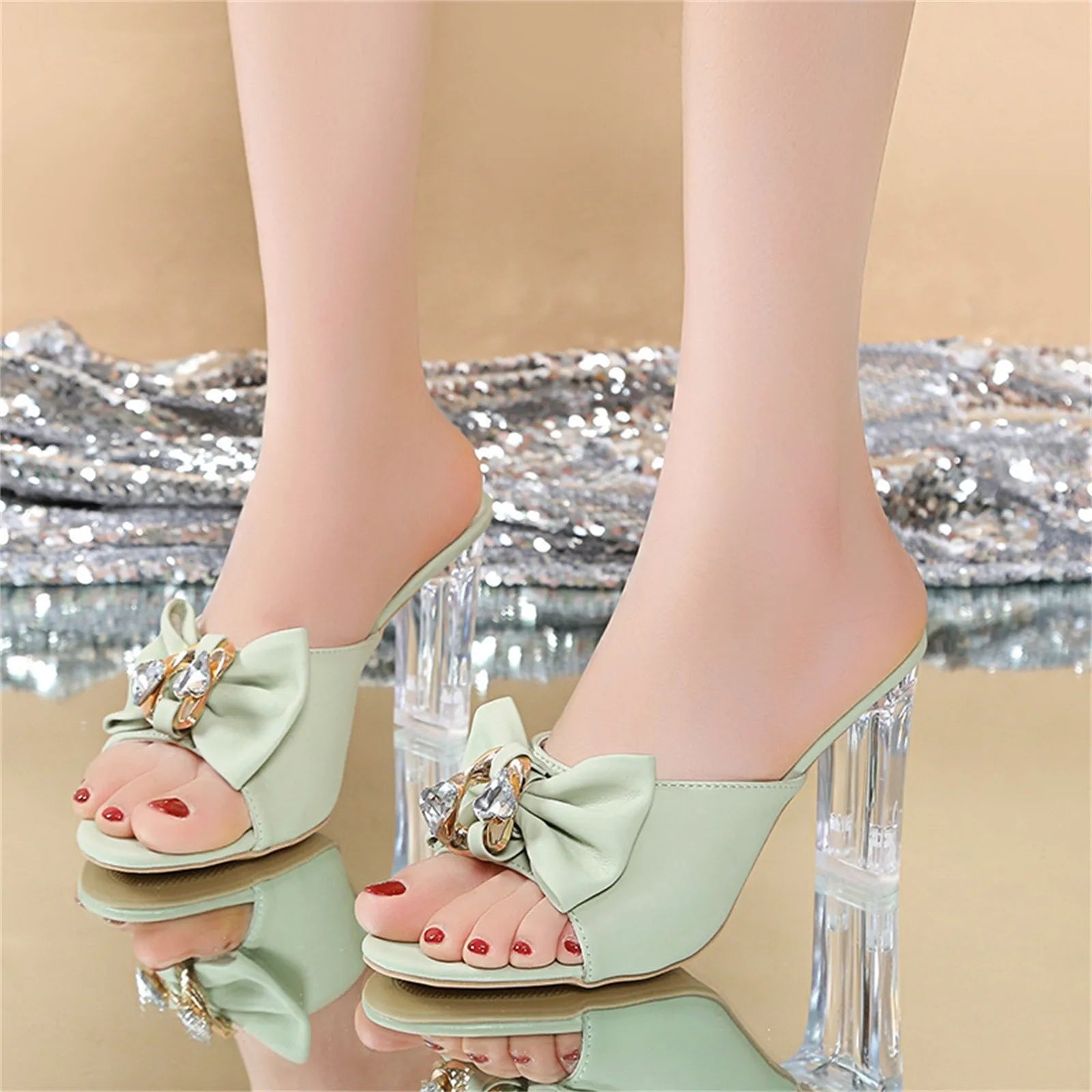 Crystal Bow Open Toe High Heel Slippers - Summer Fashion Sandals