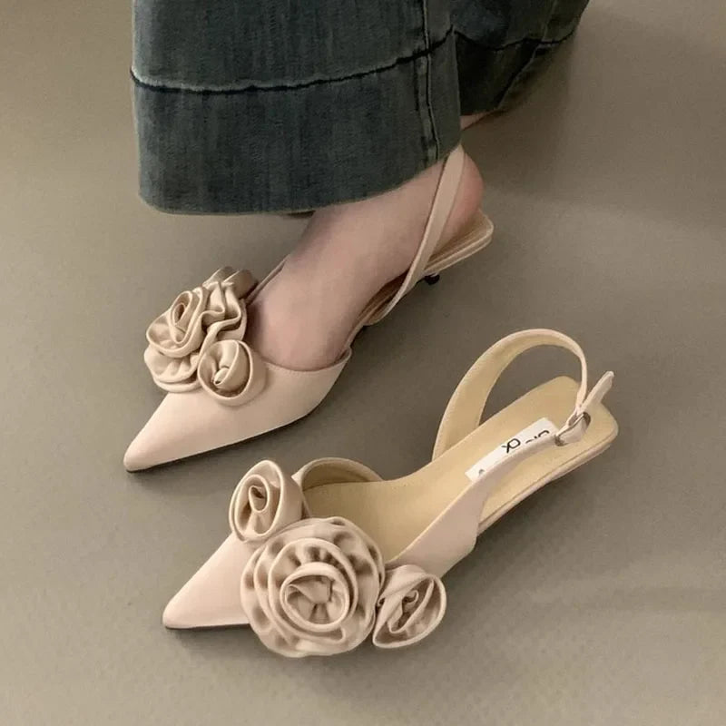 Satin Floral Slingback Stilettos - Pointed Toe Party Heels