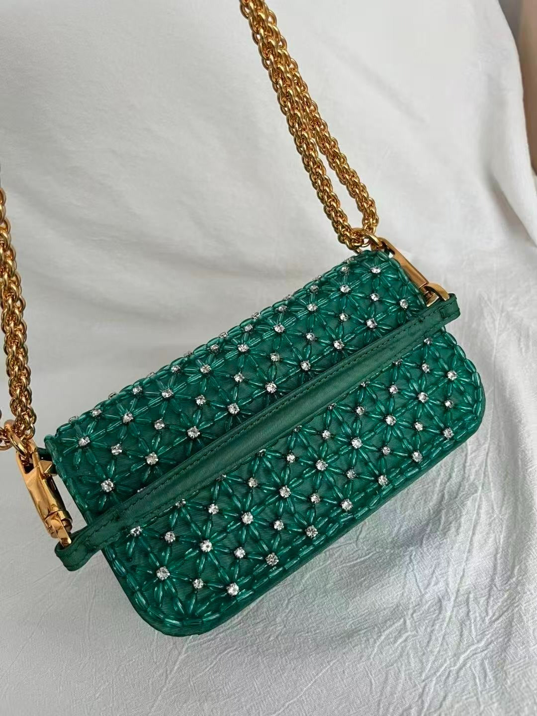 VLTN Locò Shoulder Bag Emerald Green Embroidered Satin