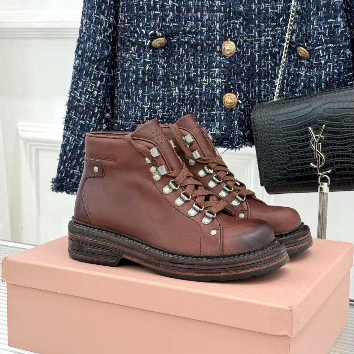 Miu 26s Hiking-Style Lace-Up Boots Brown Leather