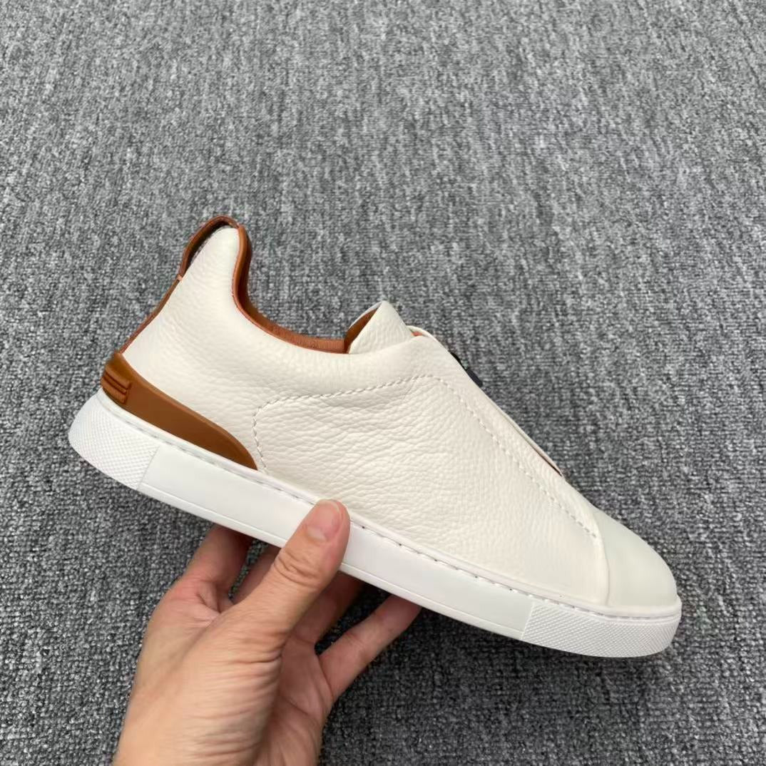 Zegna Triple Stitch Sneakers White Off-White Grained Leather