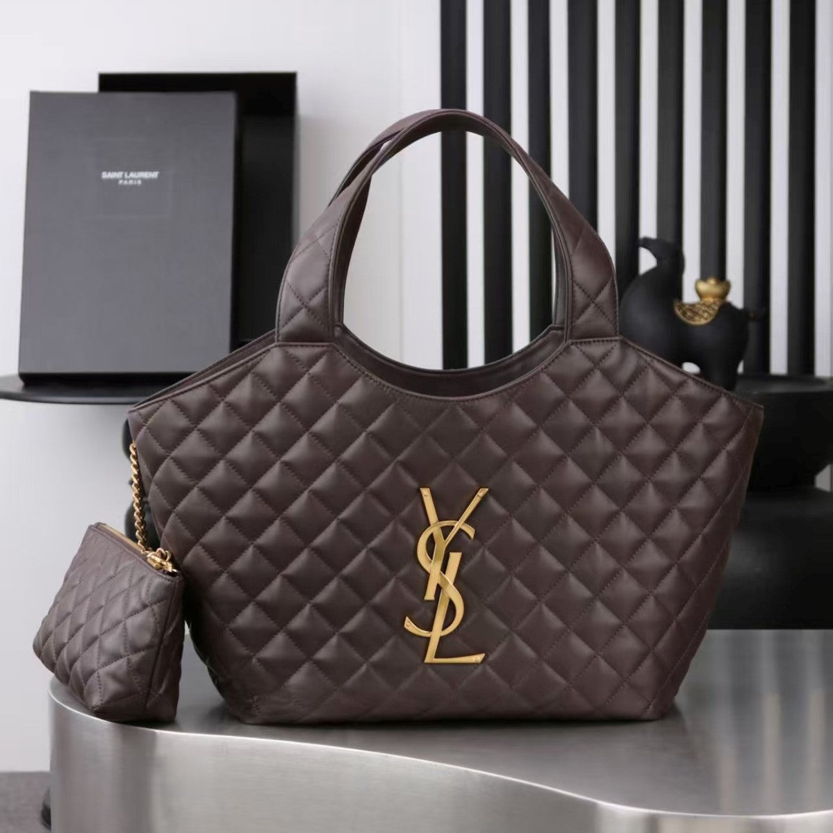 YSL 2026 ICARE Medium Chocolate Quilted Nappa Leather