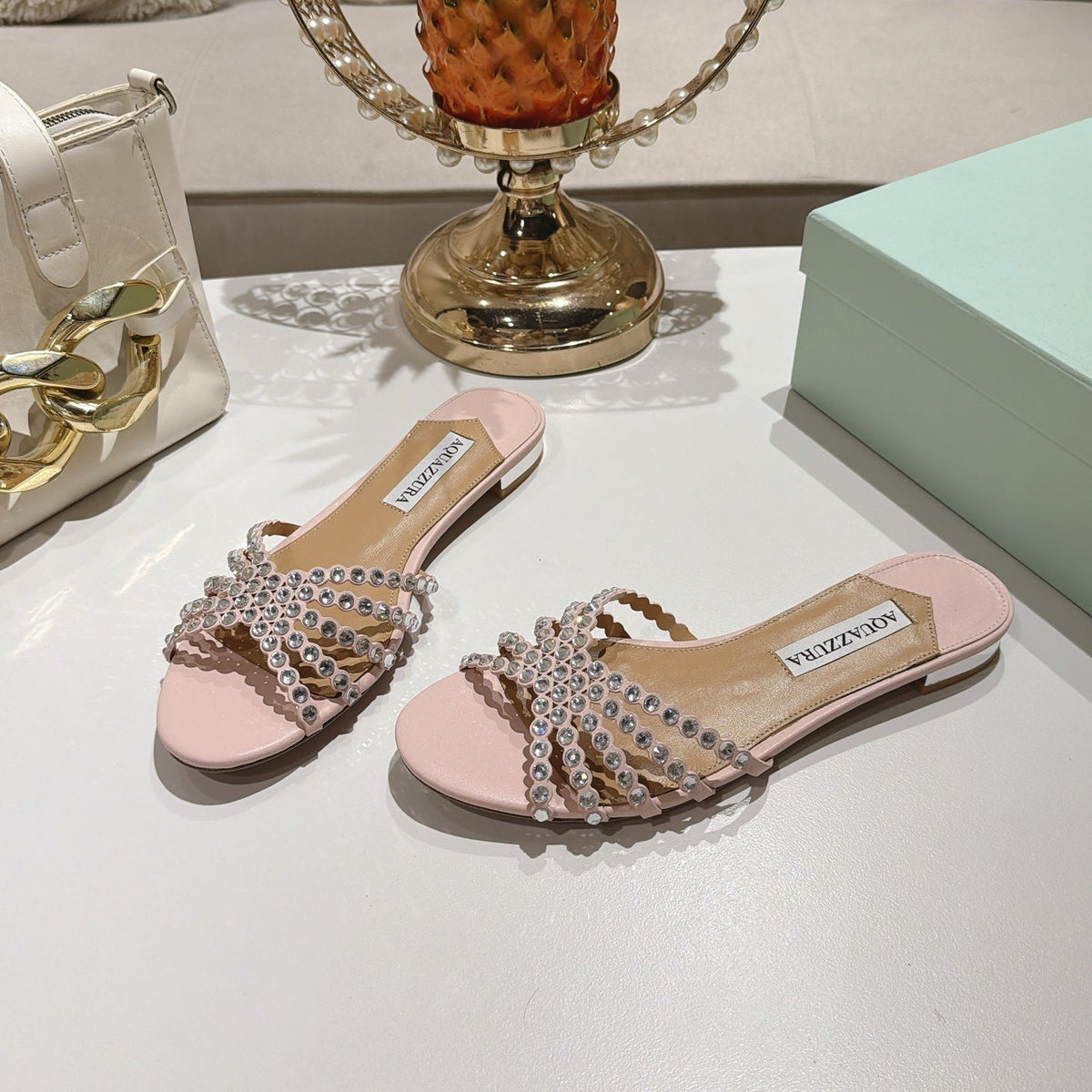 Aquazzura 26s Slides Light Pink Lambskin Crystal Embellished 592841