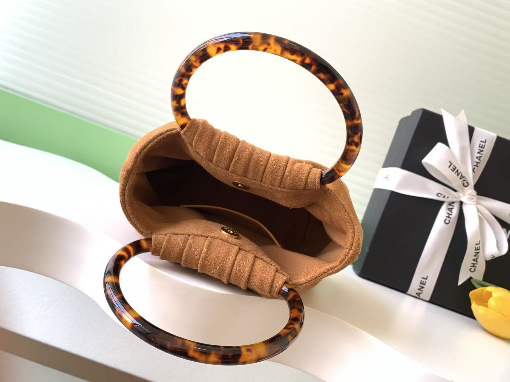 Chanel 2026 Pouch 24cm Brown Tortoiseshell Suede Effect Plexi