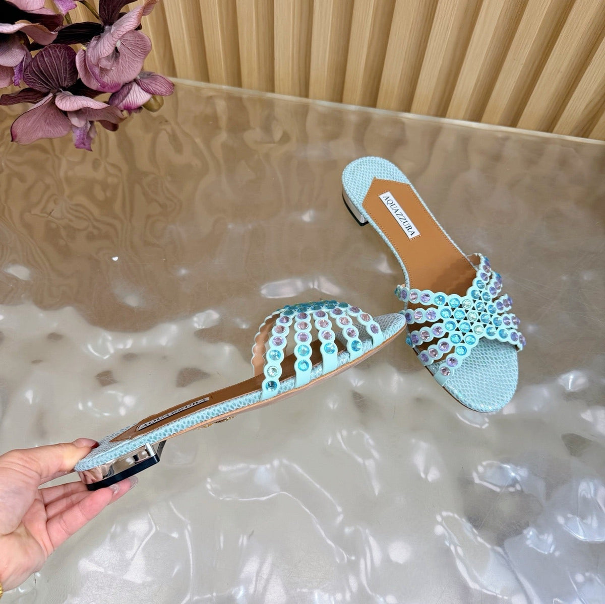 Aquazzura 26s Slides Light Blue Snakeskin Embossed Leather 482015