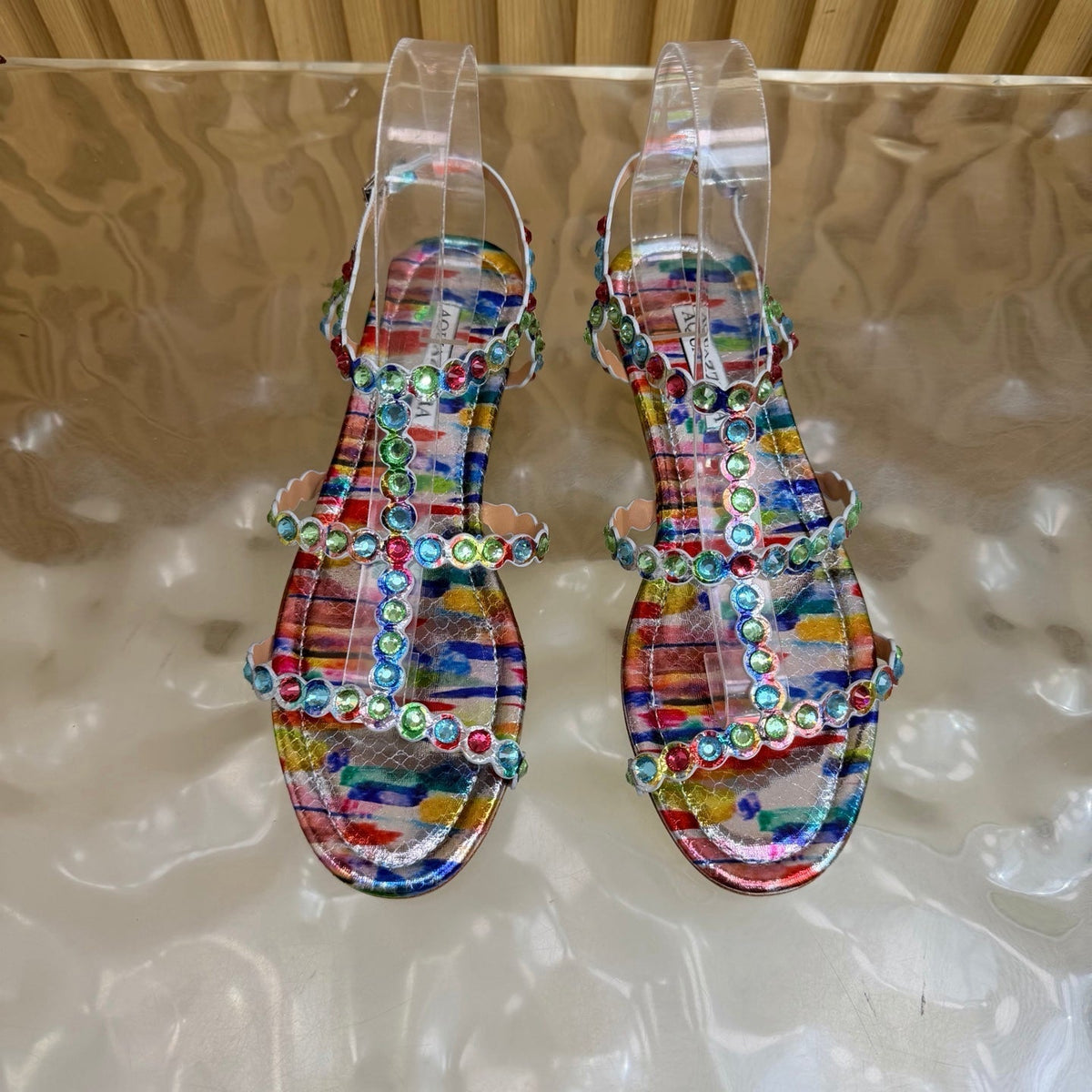 Aquazzura 26s Flat Sandals Multicolor Snakeskin Crystal Embellished 628314