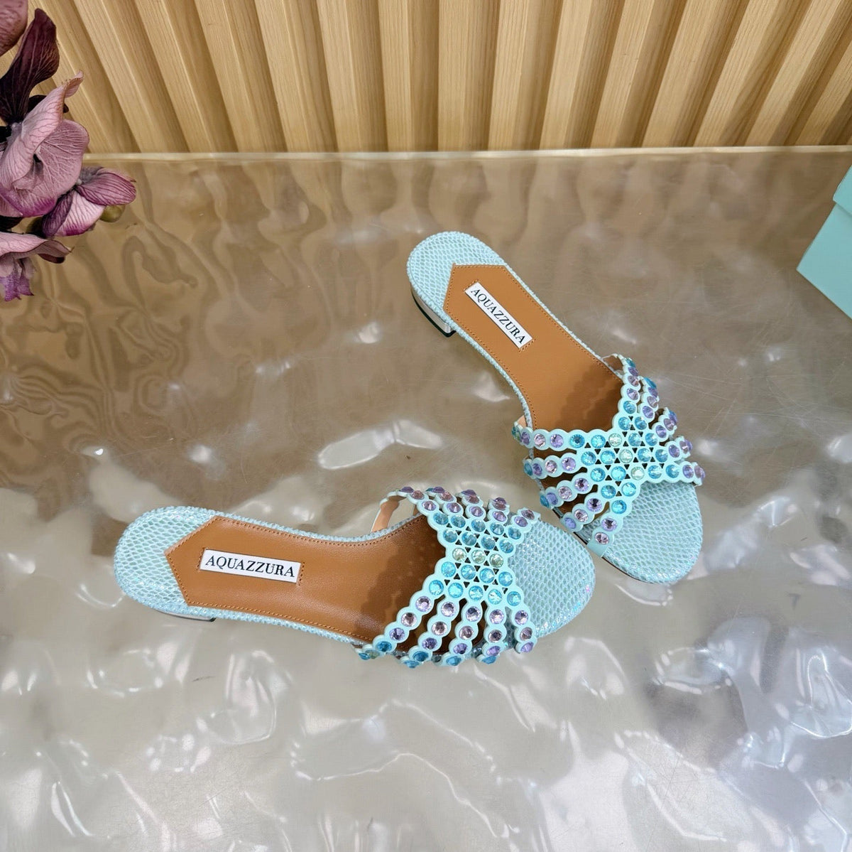 Aquazzura 26s Slides Light Blue Snakeskin Embossed Leather 482015