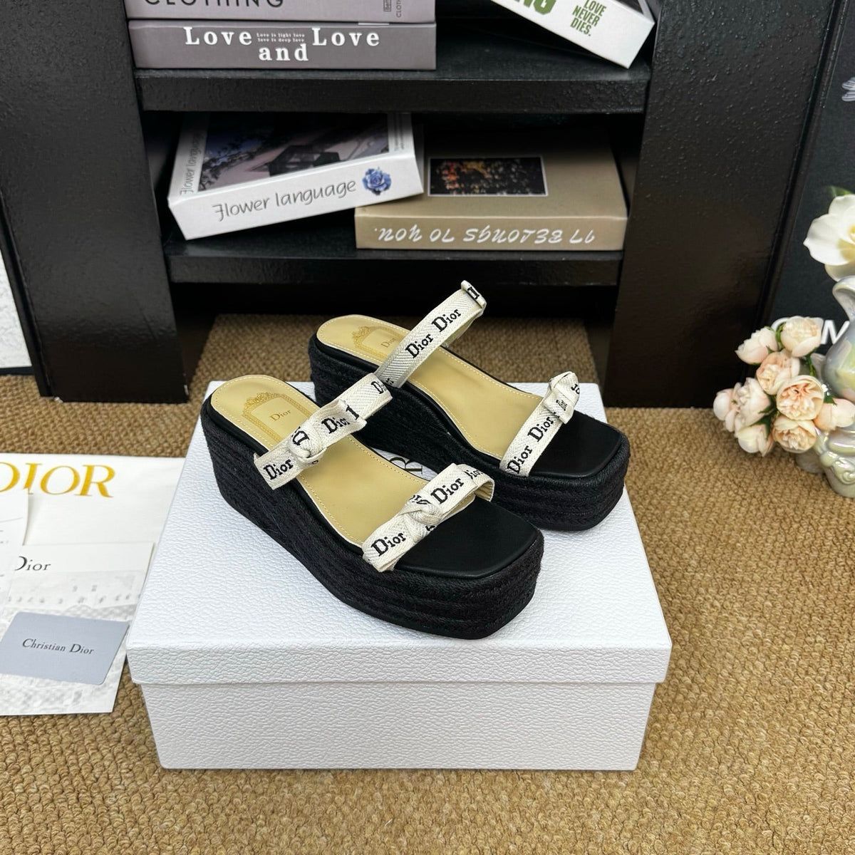 Dior 26s Wedge Sandal Black Canvas Calfskin