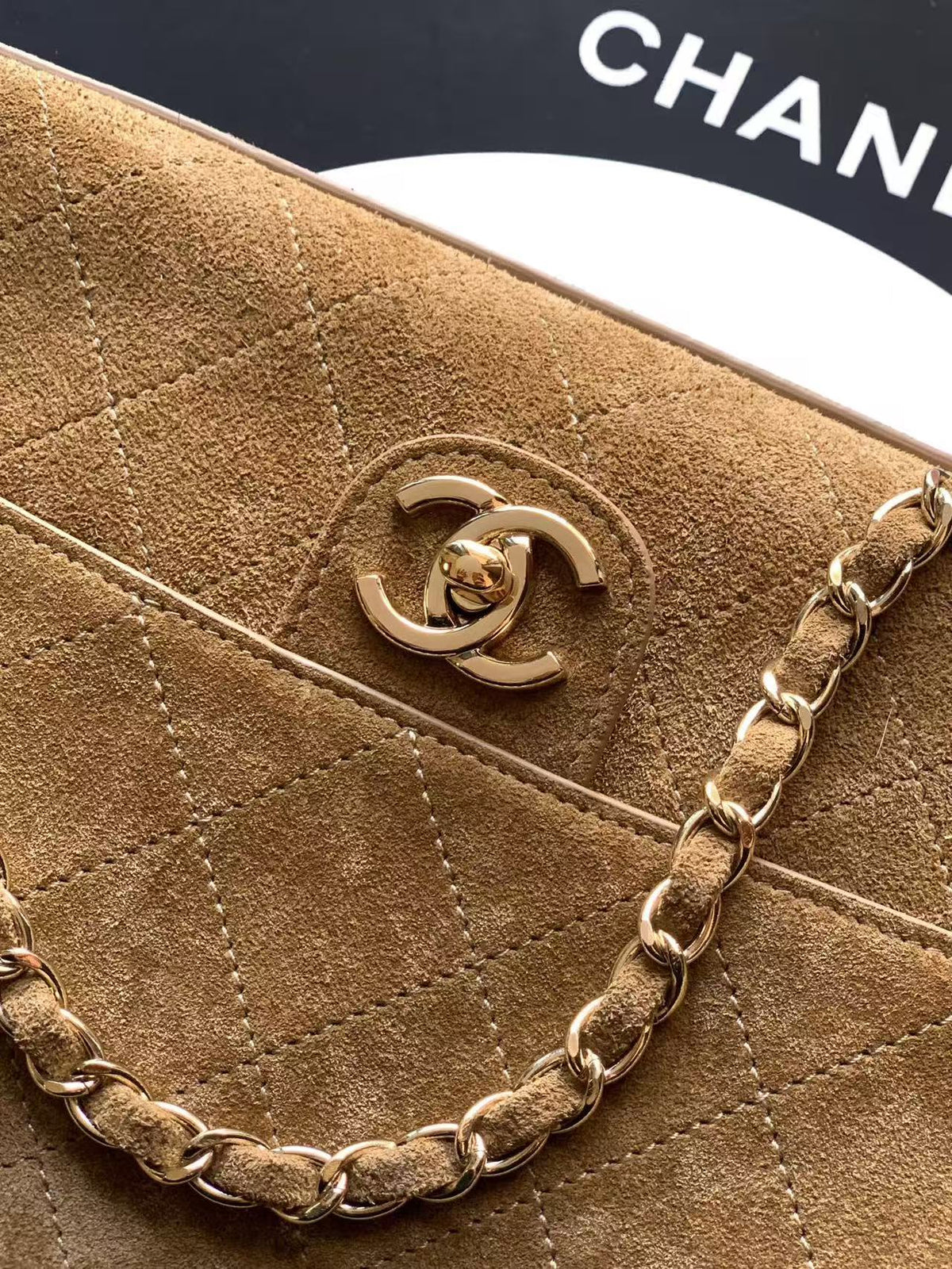 Chanel Maxi Flap Bag 32cm Beige Suede Leather