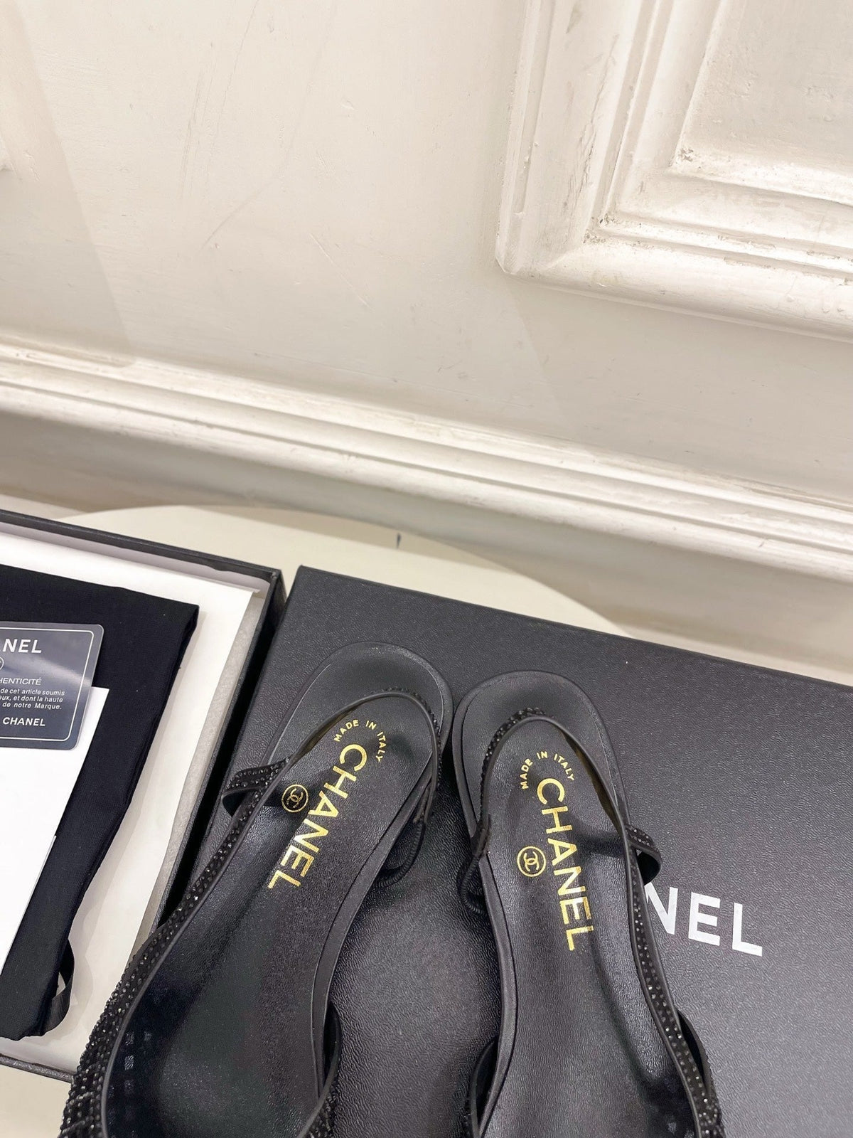 Chanel 26s Flat Pointed Toe Slingback Black Mesh