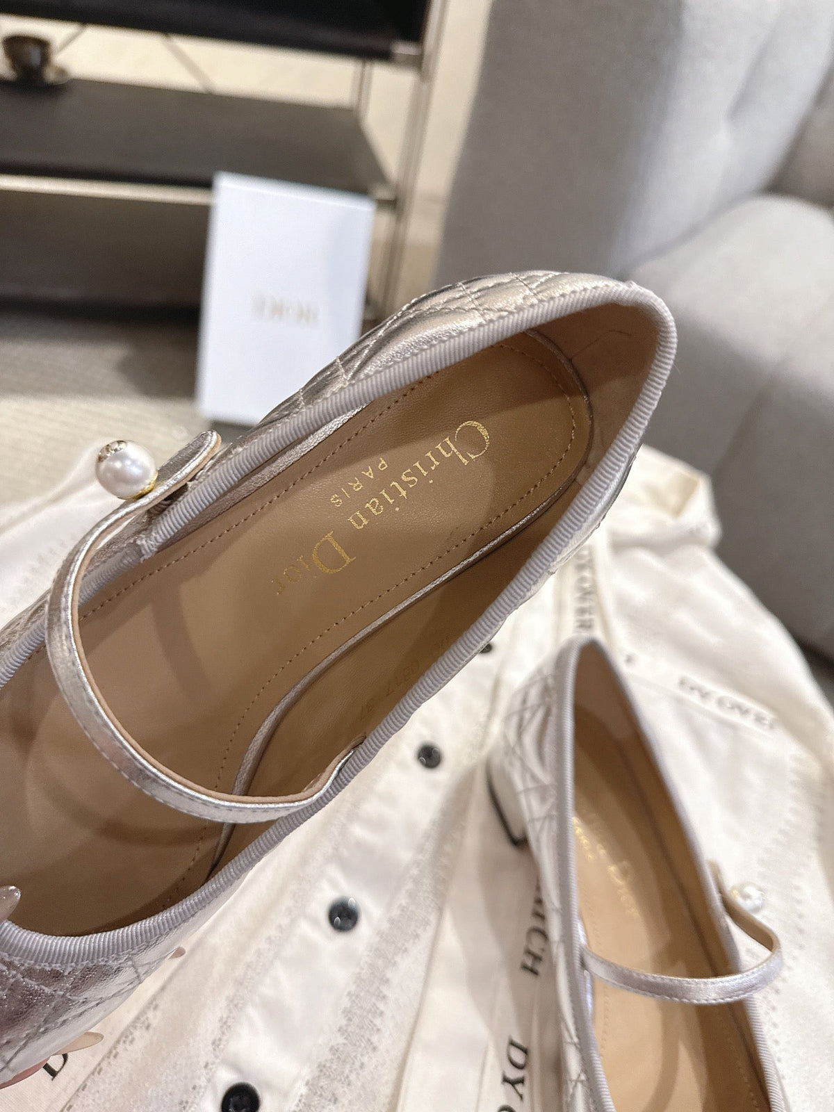 Dior 26s Mary Jane Pumps Silver Lambskin Pearl-Adorned Strap