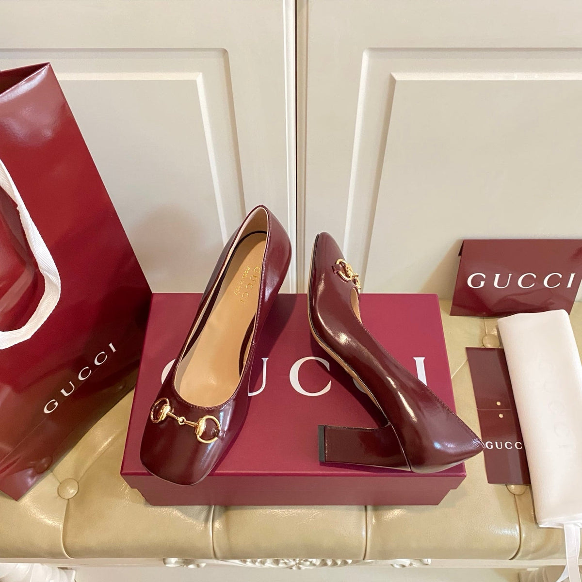 Gucci 26s Horsebit Mid-Heel Pumps 7.5cm Dark Red Calfskin