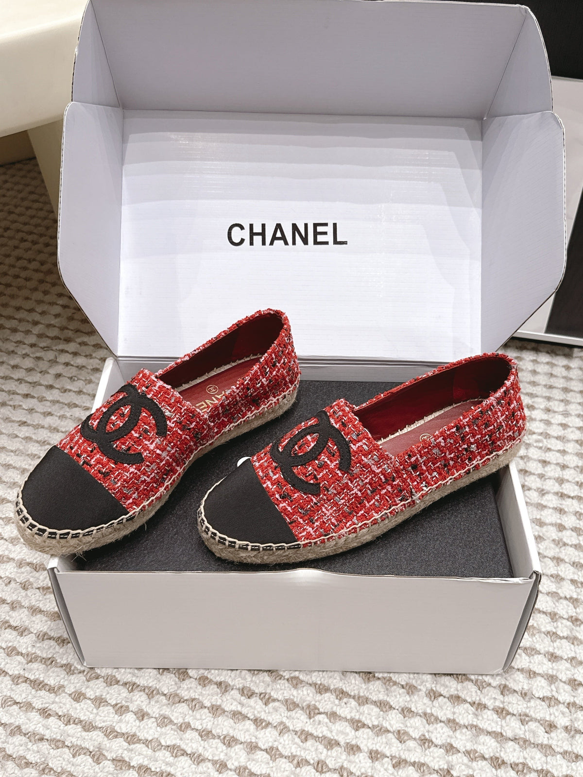 CC 26S Slip-Ons in Red Mix Black Tweed and Patent Calfskin