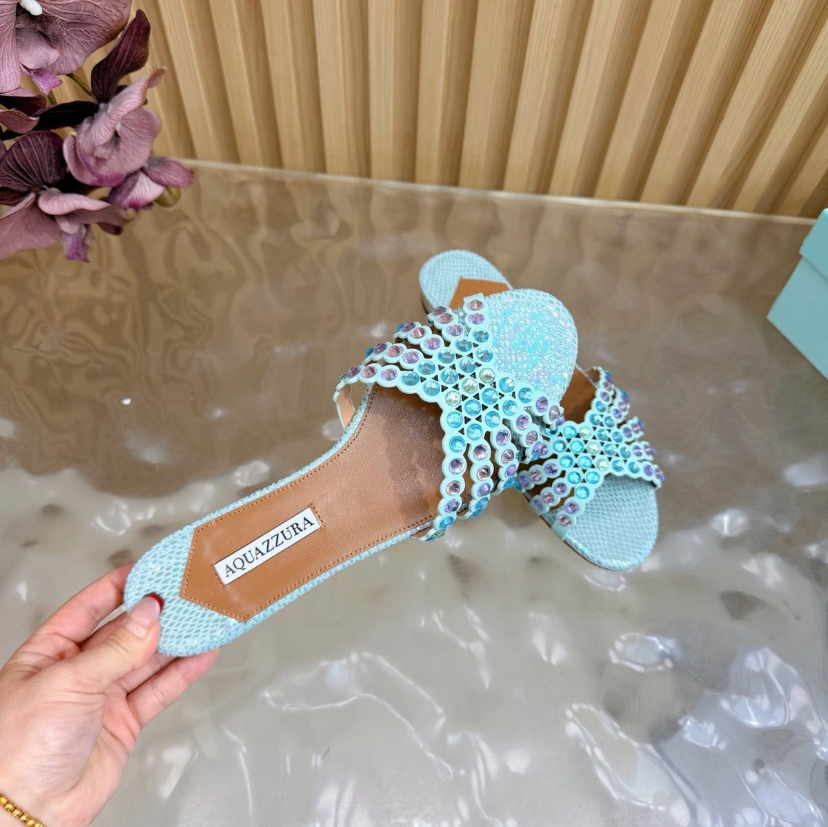 Aquazzura 26s Slides Light Blue Snakeskin Embossed Leather 482015