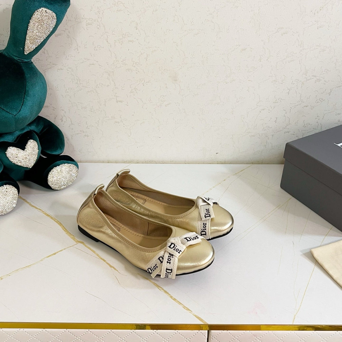 Dior 26s Bow Ballet Flats Gold Calfskin