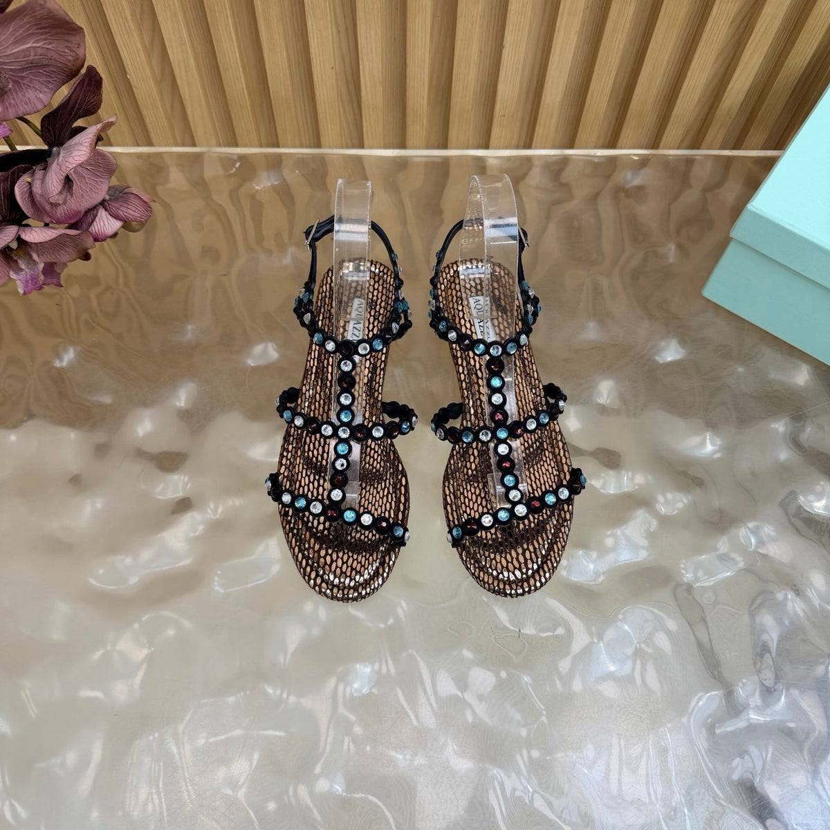 Aquazzura 26s Flat Sandals Bronze Metallic Snakeskin Crystal Embellished 831495