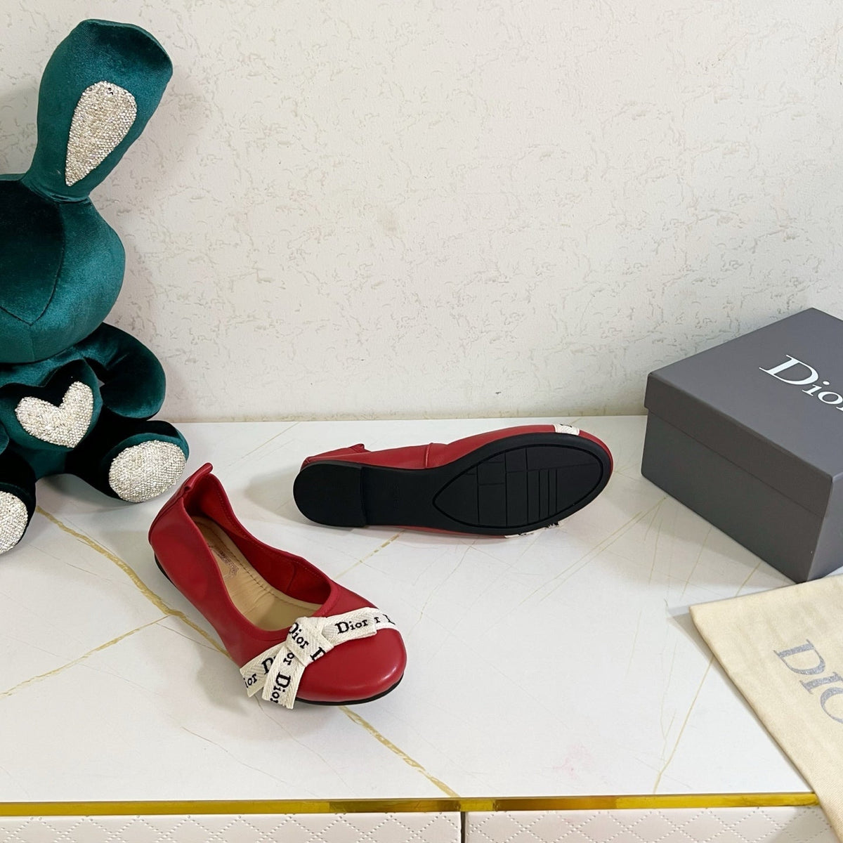 Dior 26s Bow Ballet Flats Dark Red Calfskin