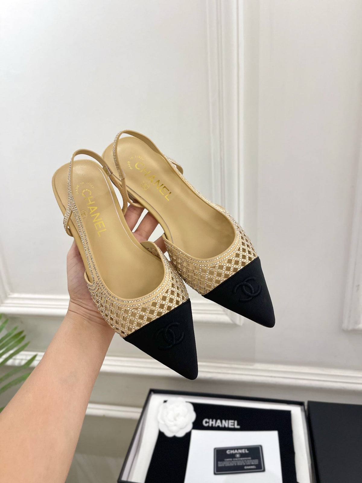 Chanel 26s Flat Pointed Toe Slingback Beige Mesh Black Toe Cap