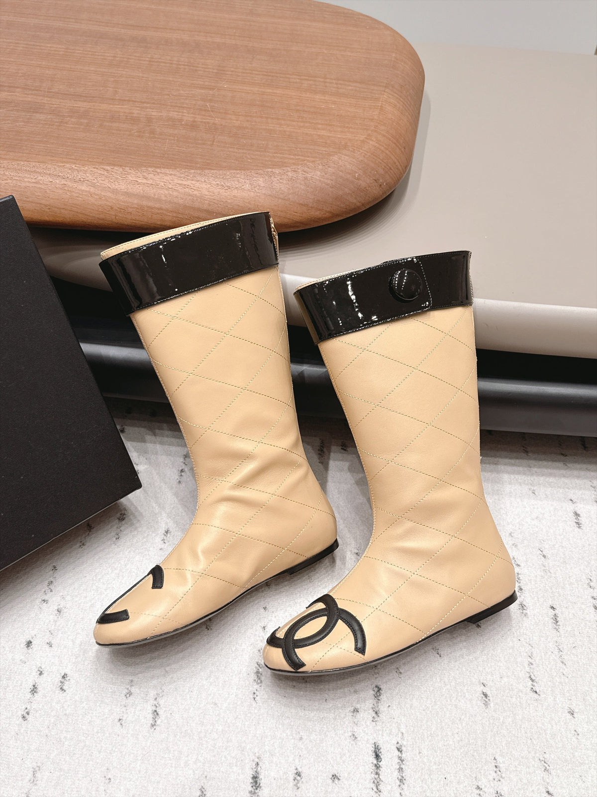 Chanel 26s Knee High Boots Beige Quilted Calfskin Black Patent Cuff