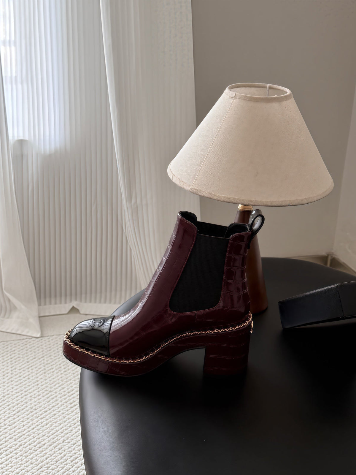 Chanel 26s Chelsea Ankle Boots 7 Cm Burgundy Embossed Black Patent