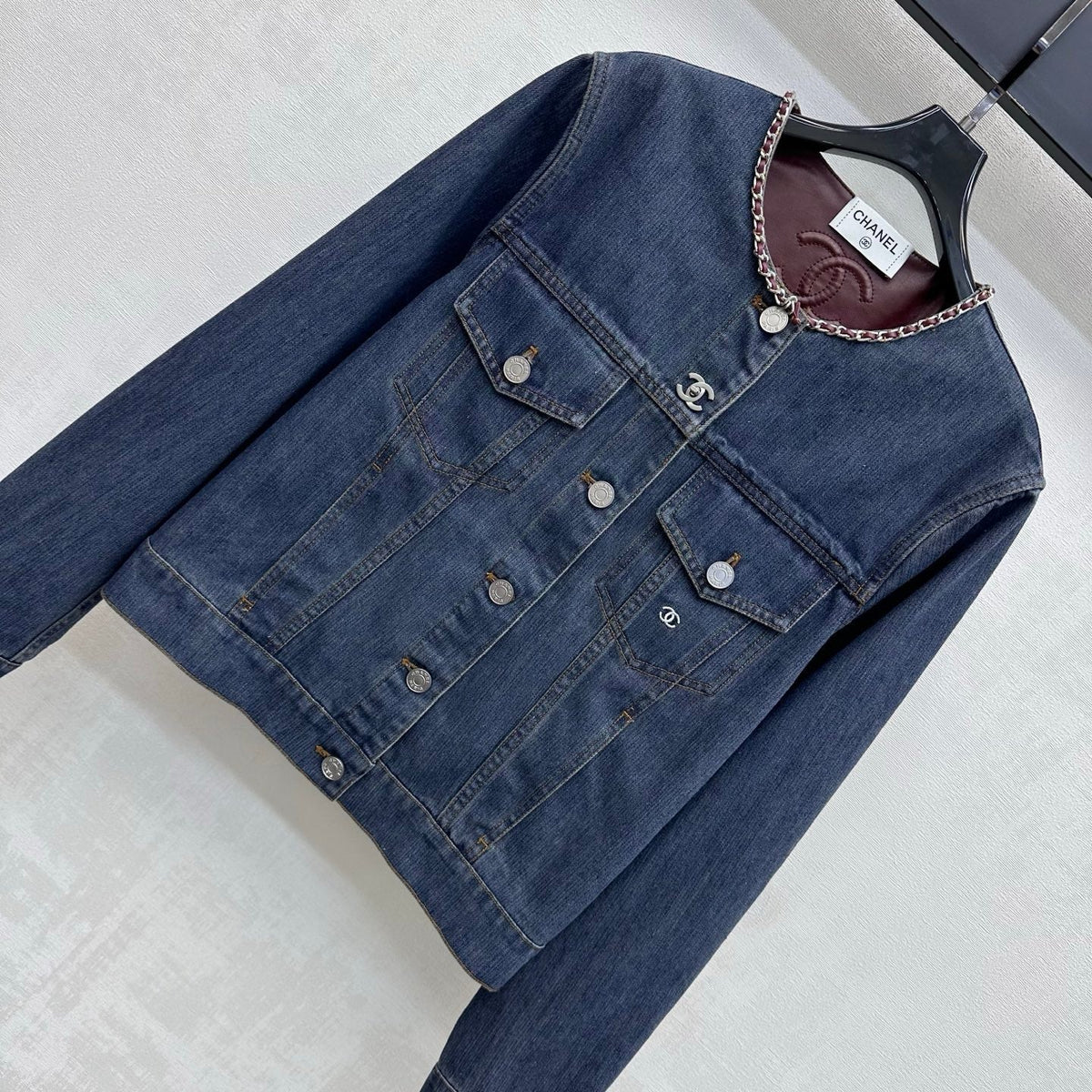 CC 26FW Chain-Trim Denim Vest Red Leather Collar Blue Cotton 441463