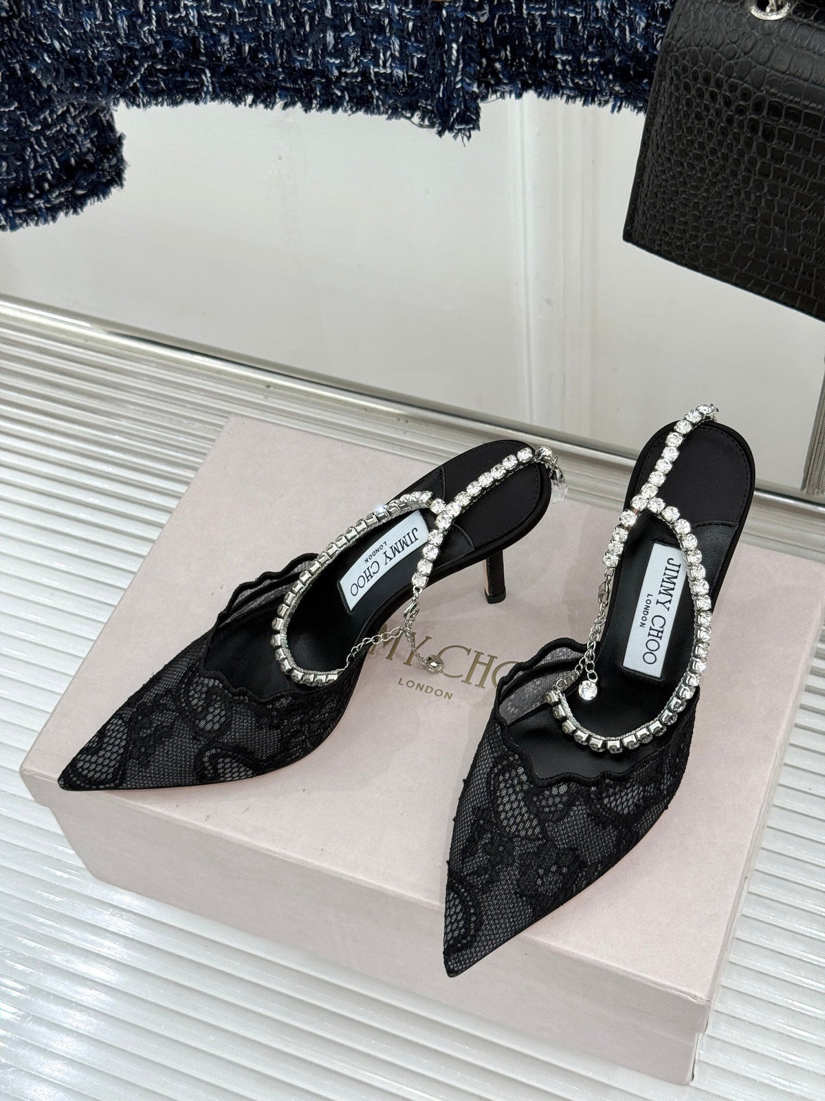 Jimmy Choo 26S Embellished High-Heeled Sandals 8.5cm Black Lace 529184