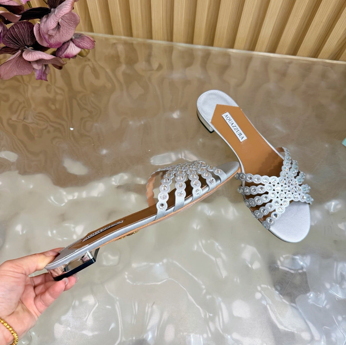 Aquazzura 26s Slides Silver Calfskin Crystal-Embellished Straps 729415