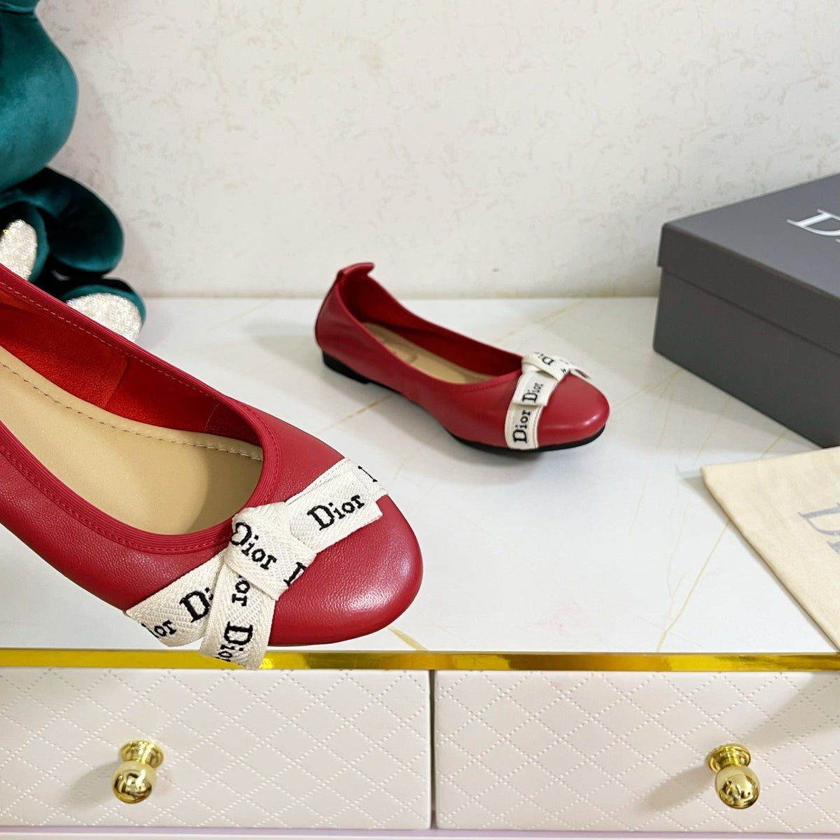 Dior 26s Bow Ballet Flats Dark Red Calfskin