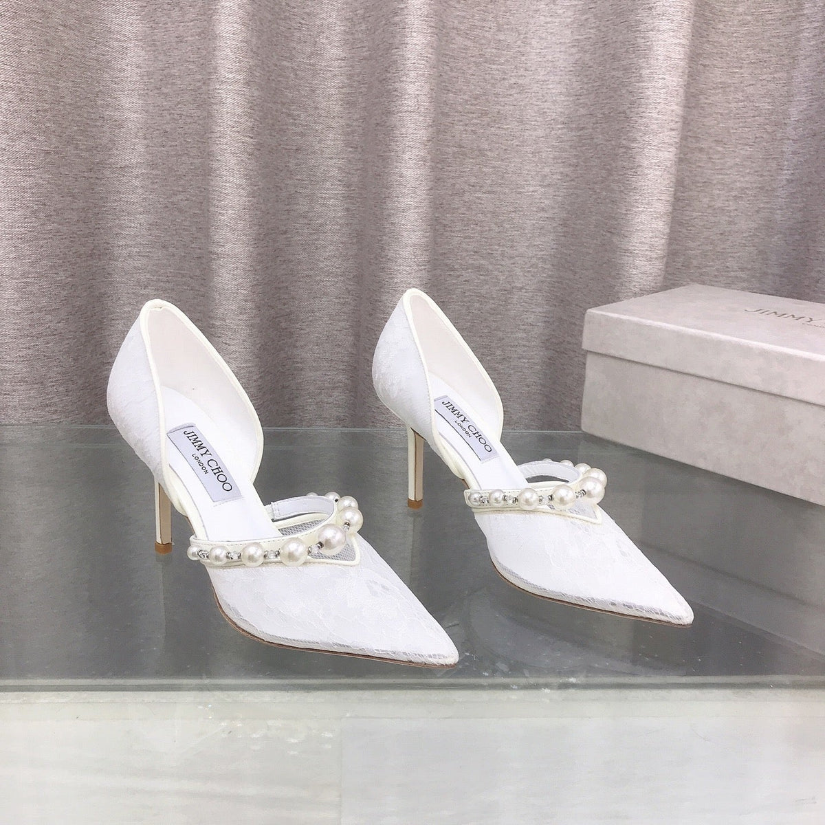 Jimmy Choo 26S High Heels 8.5cm White Lace Pearl-Embellished 395174