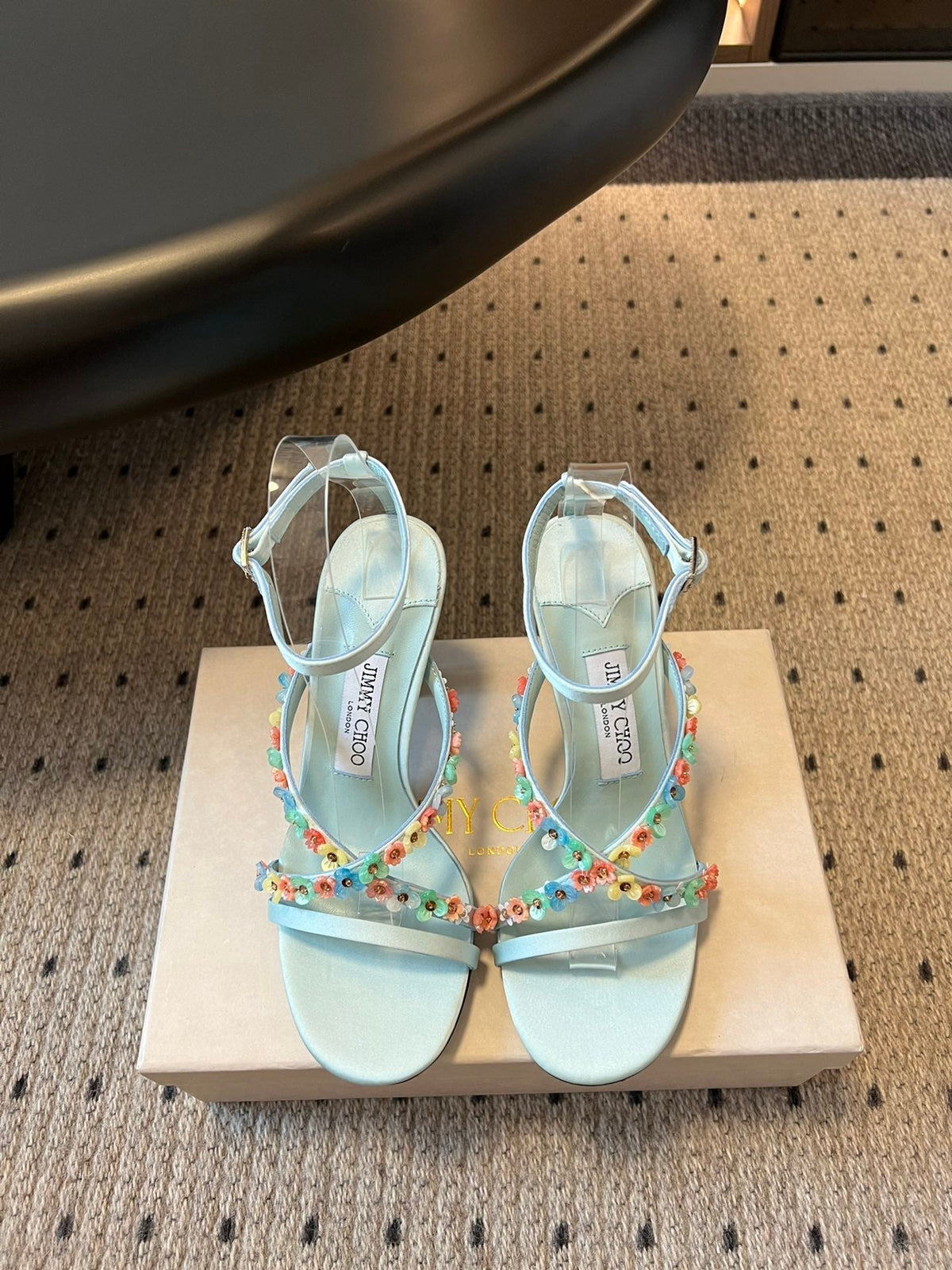 Jimmy Choo 26S Floral Heel Sandals 8.5cm Pastel Blue Satin And Lambskin 831495